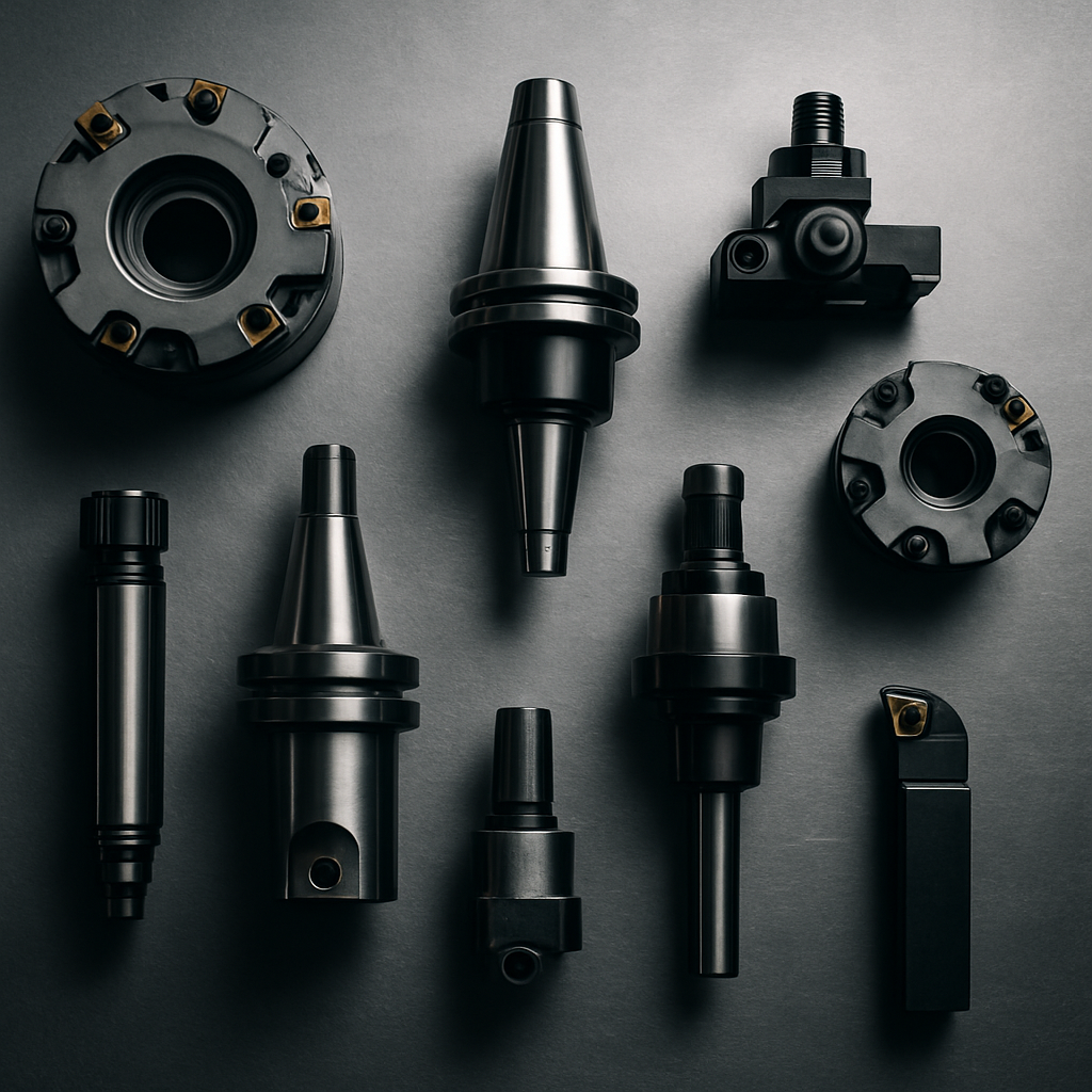 Precision machining tools including face mills, collet chucks and CNC tool holders arranged on a steel surface