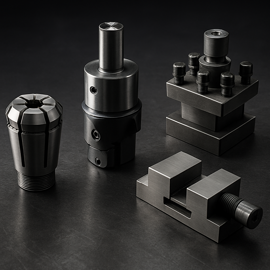 CNC machining accessories including collet chuck and boring head on a dark metal surface