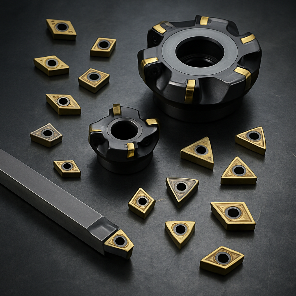 Array of carbide insert cutting tools and face mills on a dark steel surface