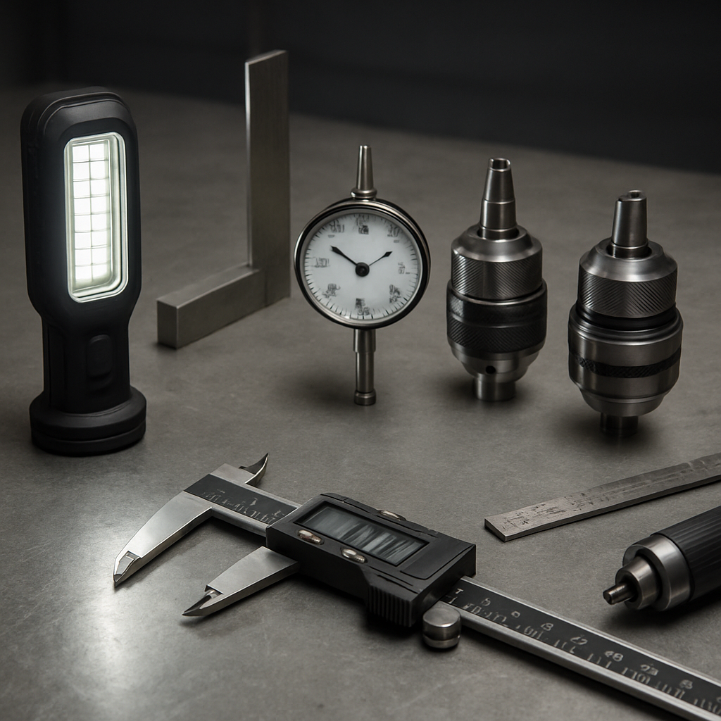 Industrial workshop equipment including LED work lights, digital calipers, and drill chucks