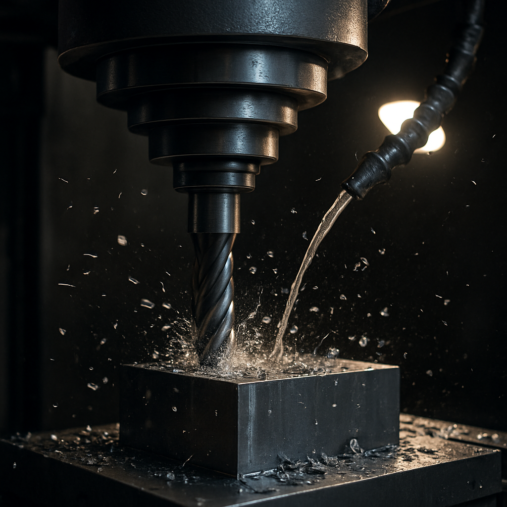 Vertical milling machine cutting into a steel block with coolant stream